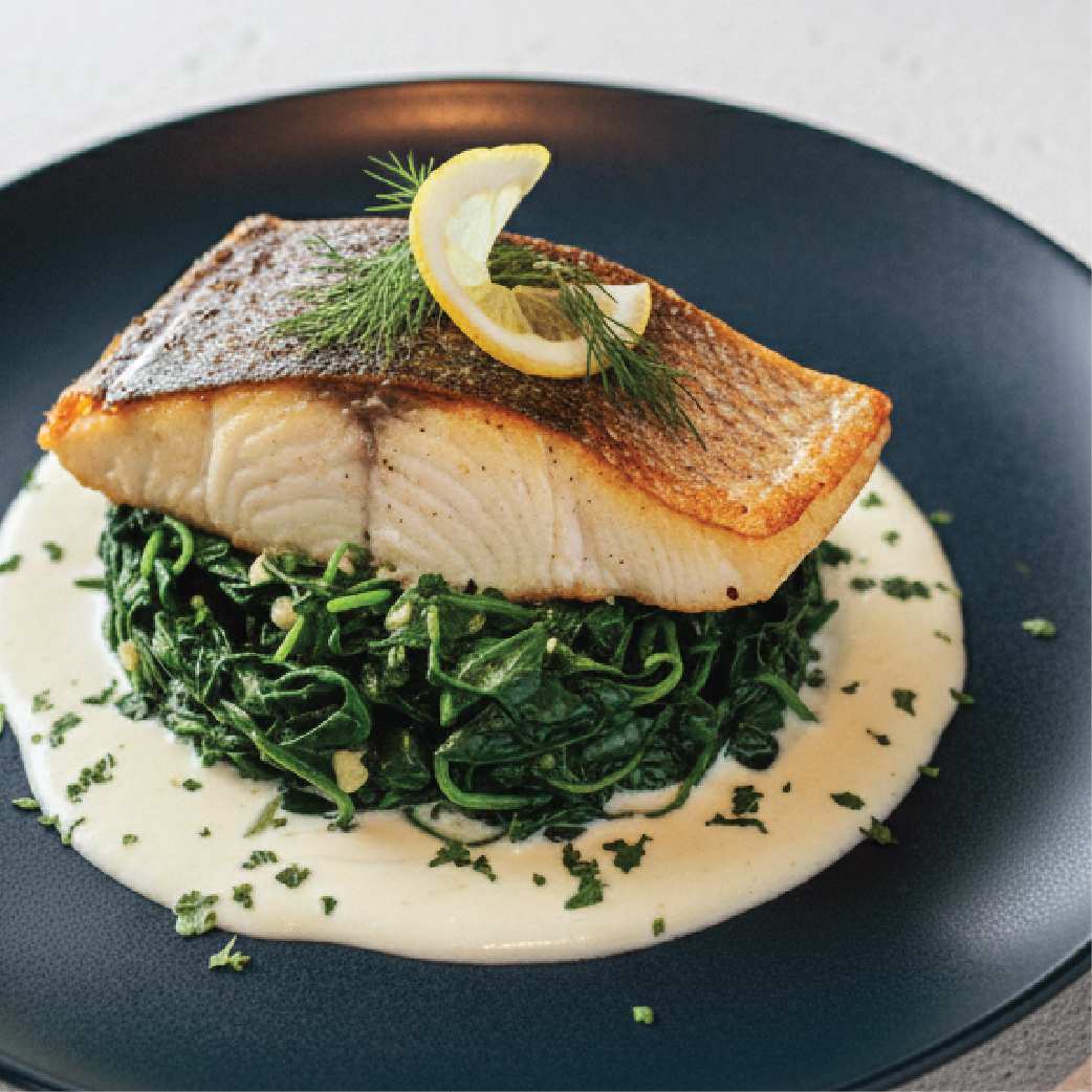 Grilled Sea Bass with Spinach and White Wine Cream Sauce