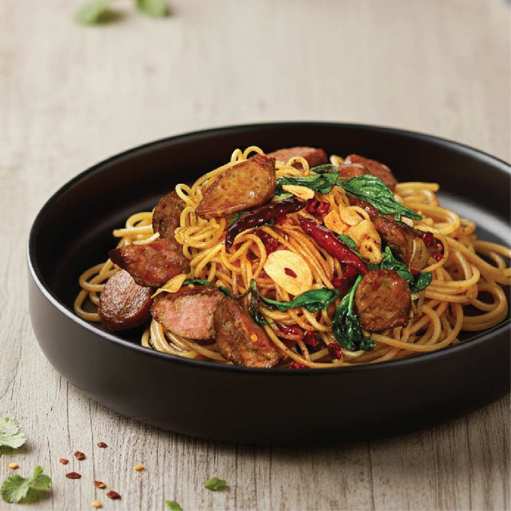 Stir-Fried Spaghetti With Dried Chili Steak Sausage Beef or Pork
